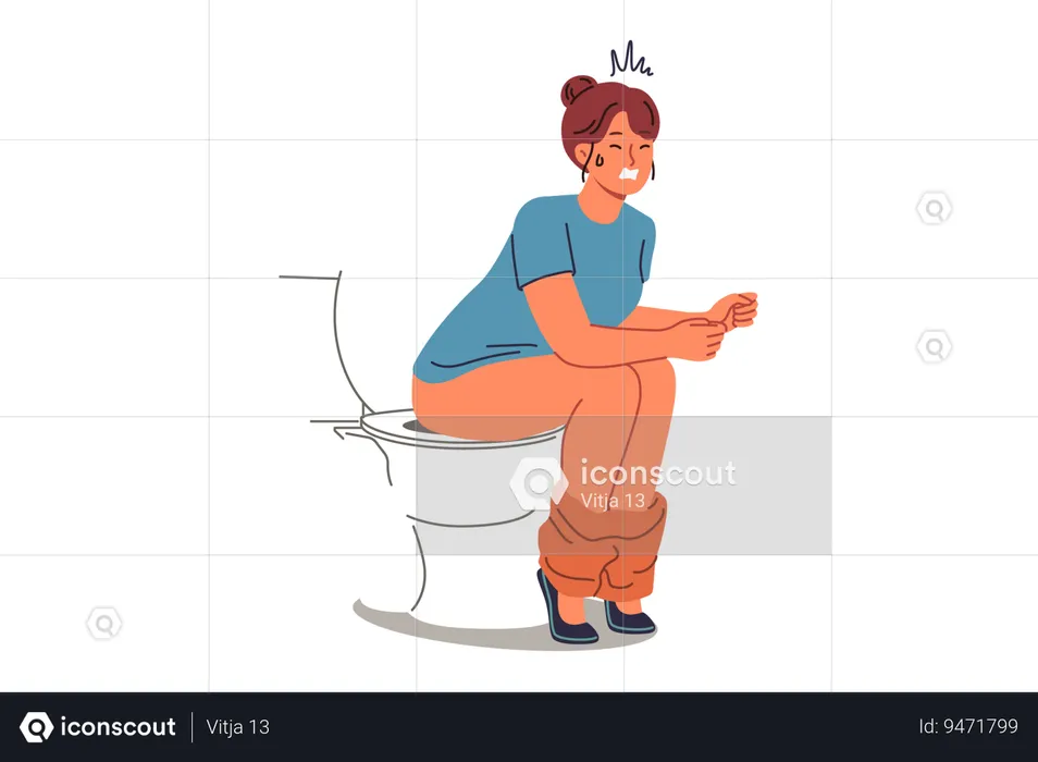 Woman poops sitting on toilet and suffers from constipation caused by indigestion or stomach  Illustration