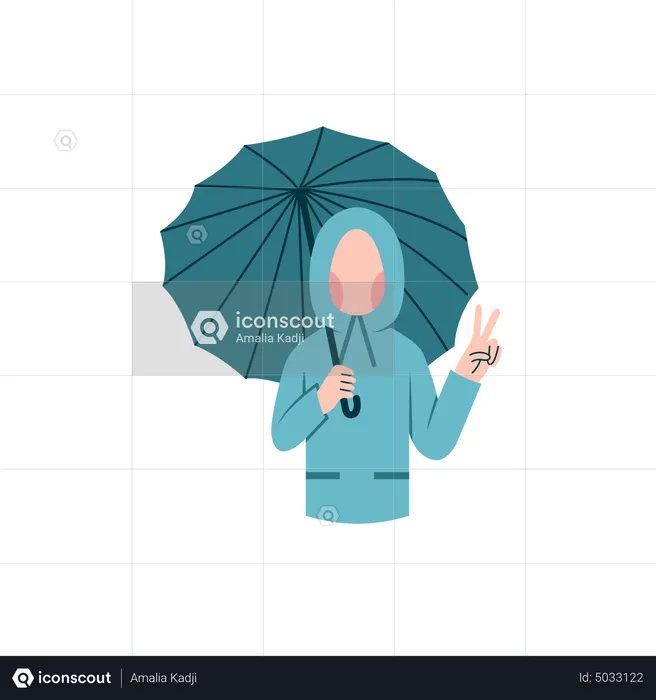 Woman pose for photo during monsoon  Illustration