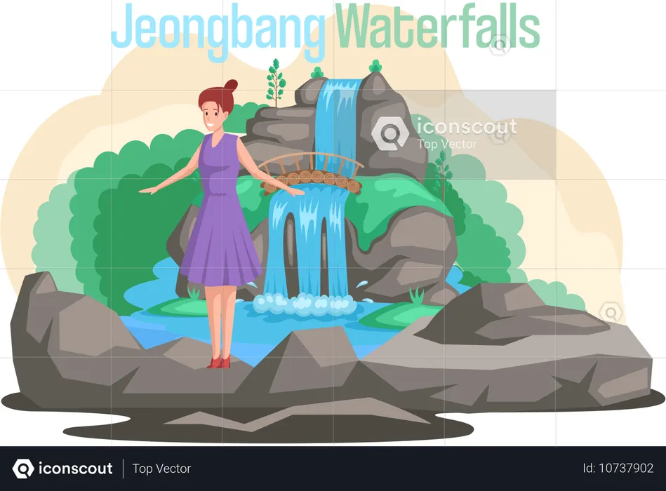 Woman posing at Jeongbang Waterfall  Illustration