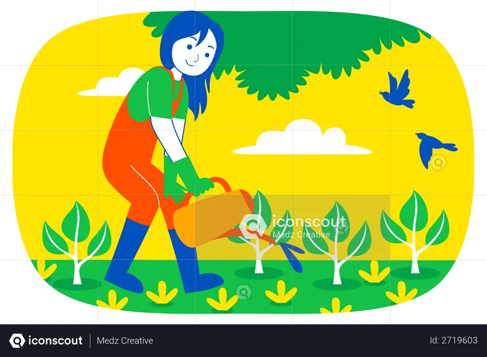 Woman pouring water to plant  Illustration