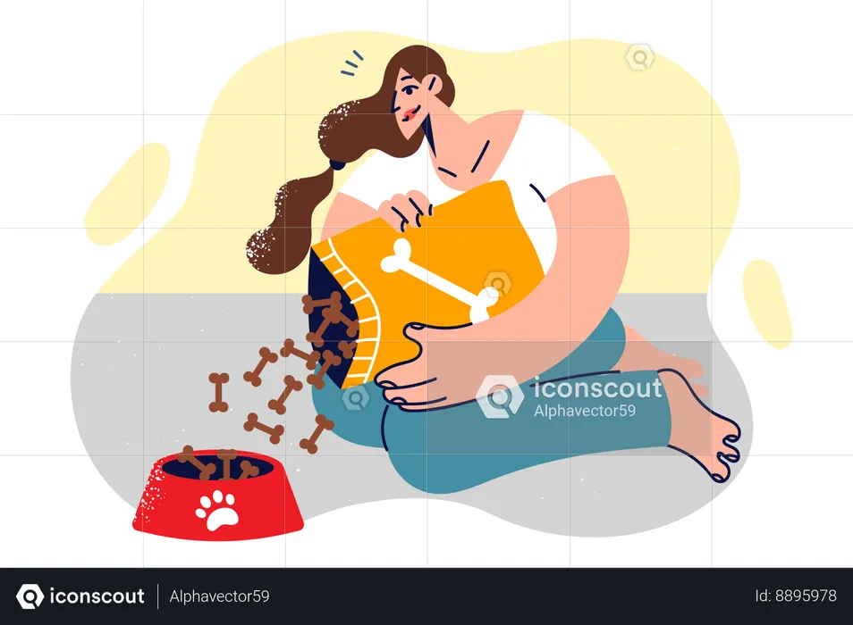 Woman pours dry nutrition into dog bowl recommending feeding puppies special food  Illustration