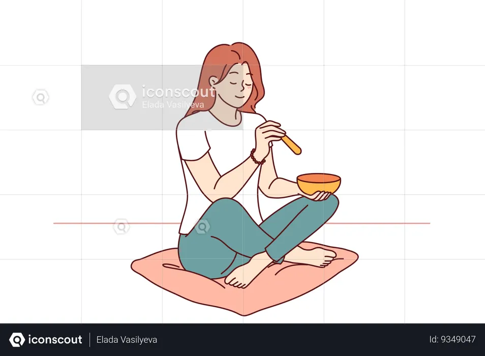 Woman practices Tibetan meditation using golden singing bowl sits on mat in room with smile on face  Illustration