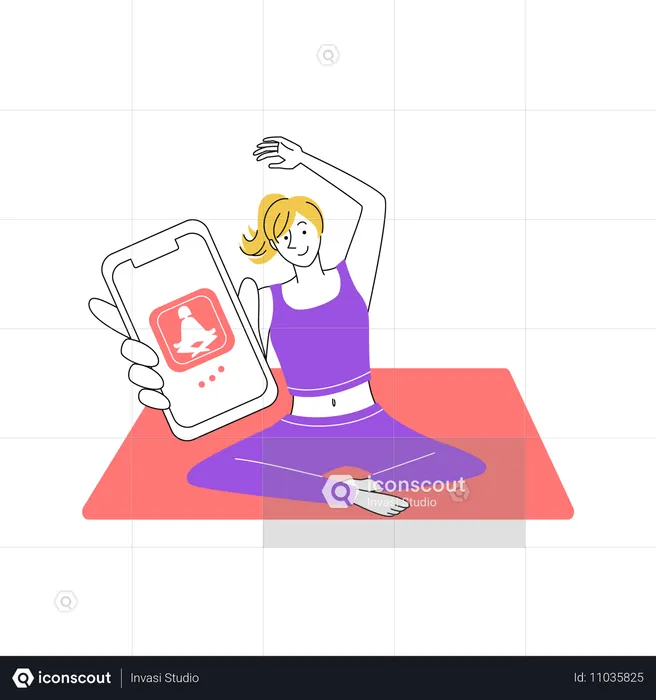 모바일 앱으로 요가를 연습하는 여성  일러스트레이션