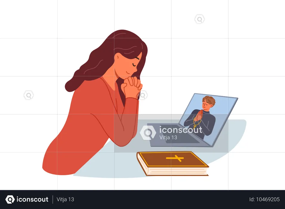 Woman prays sitting in front of laptop and watching video broadcast with priest from church  Illustration