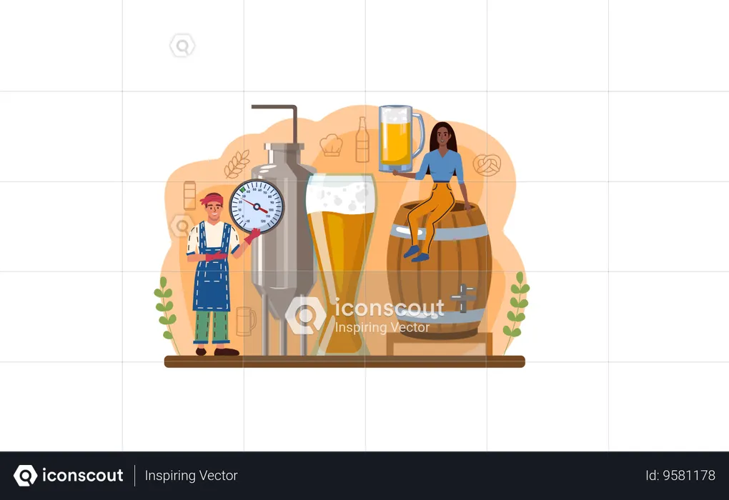 Woman prepares beer in barrel  Illustration