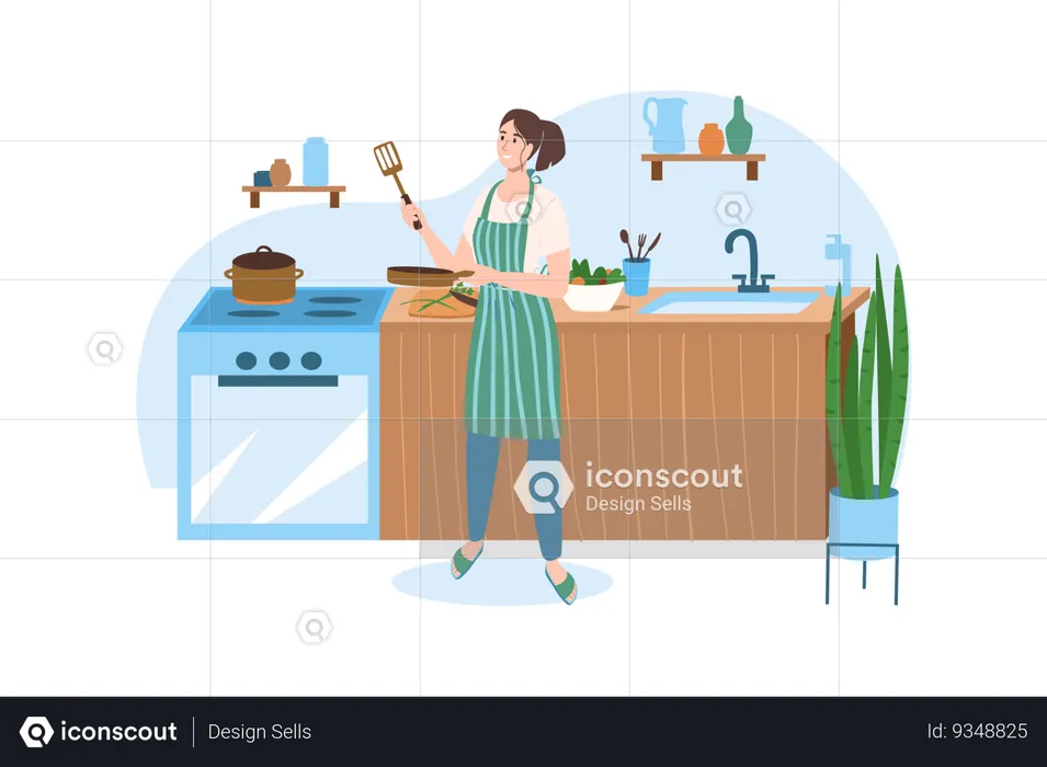 Woman prepares dinner in a cozy kitchen  Illustration