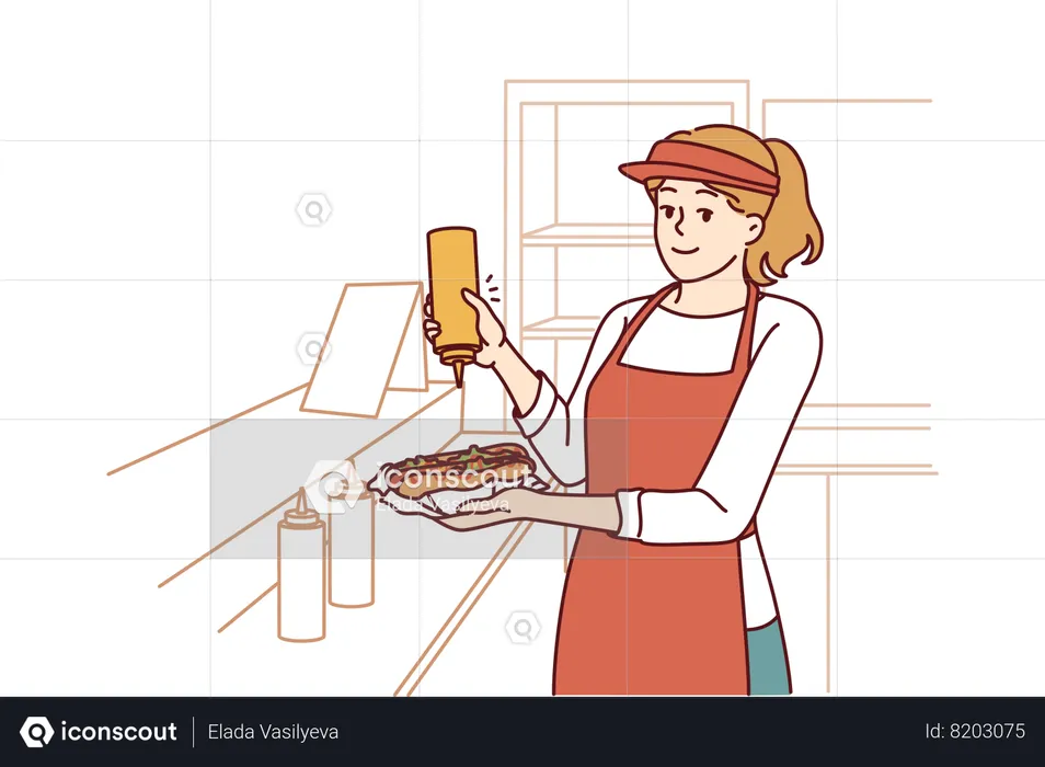 Woman prepares hot dog  Illustration