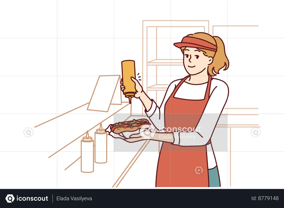 Woman prepares hot dog  Illustration