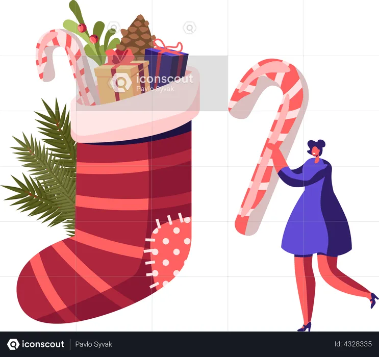 Woman preparing Christmas sock  Illustration