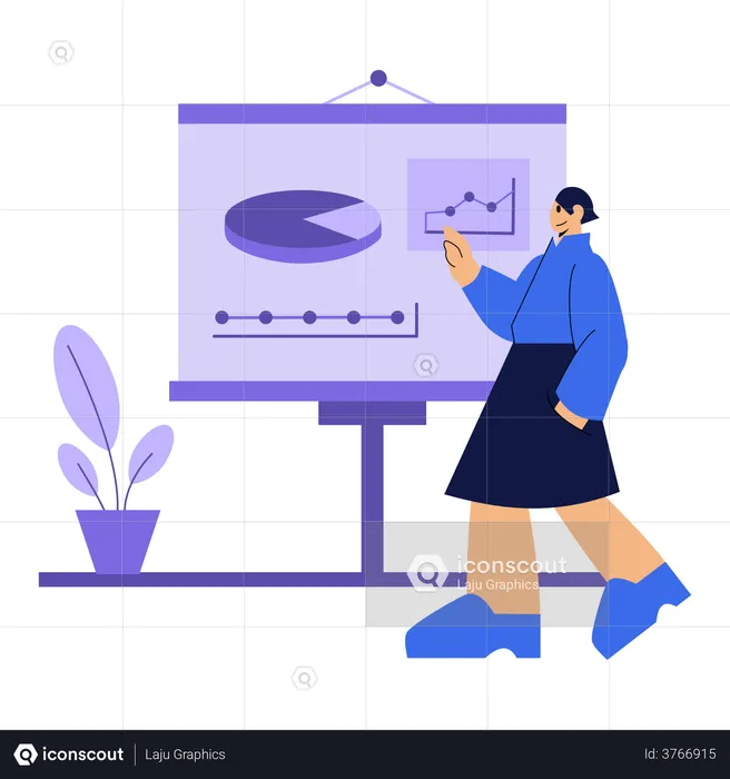 Woman presenting and analyzing diagram  Illustration