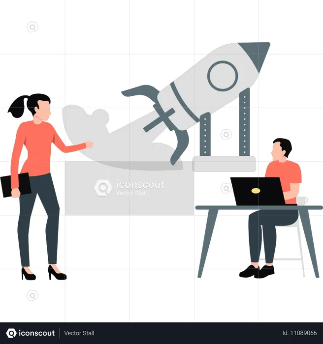 Woman presenting business rocket  Illustration