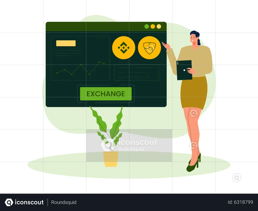 Woman presenting cryptocurrency exchange  Illustration