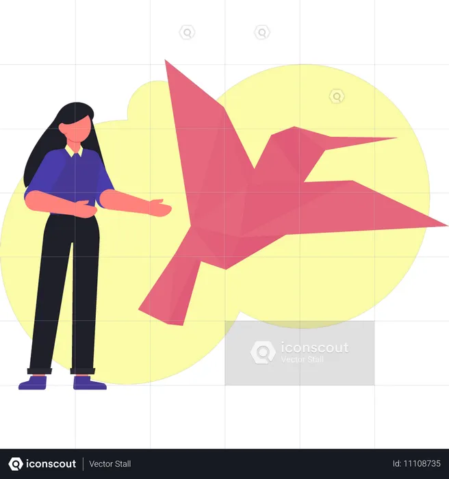 Woman presenting flying sparrow  Illustration