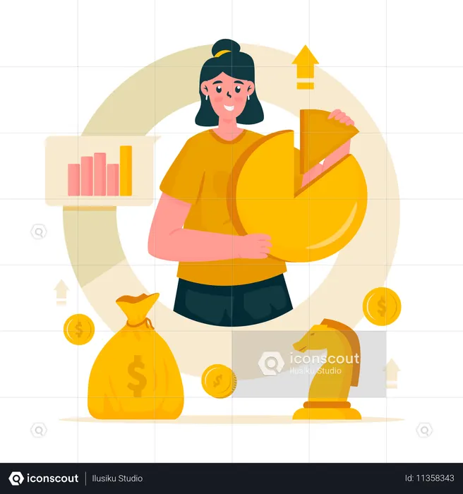 Woman presenting market share on pie chart as business investment target  Illustration