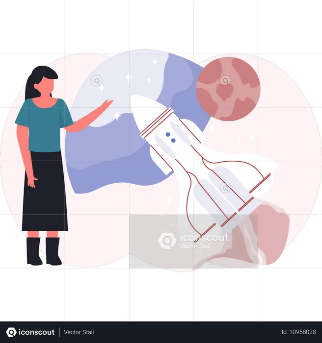 Woman presenting space rocket  Illustration