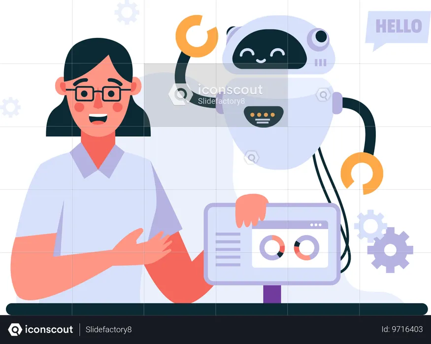 Woman Presents Robot  Illustration