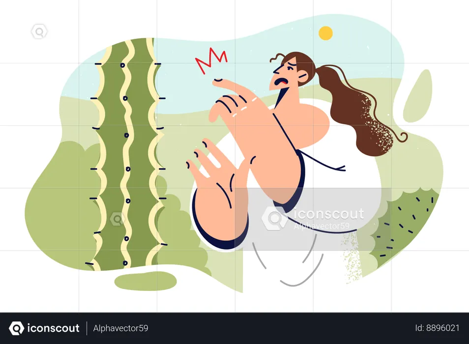 Woman pricked finger on cactus touching needle and injuring herself  Illustration