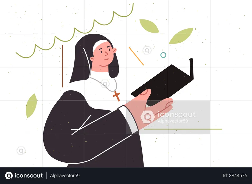 Woman priest reads religious literature or old testament  Illustration