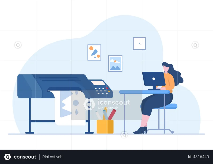 Woman printing paint on industrial printer  Illustration