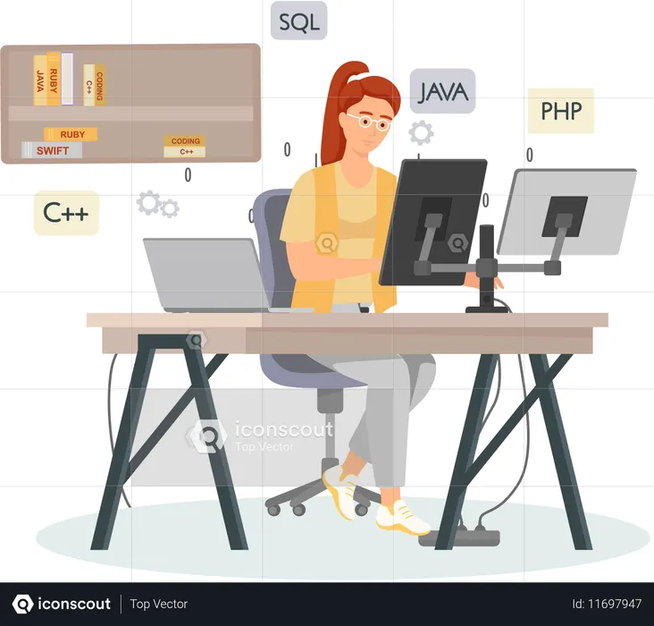 コンピューターでウェブ開発に携わる女性プログラマー  イラスト