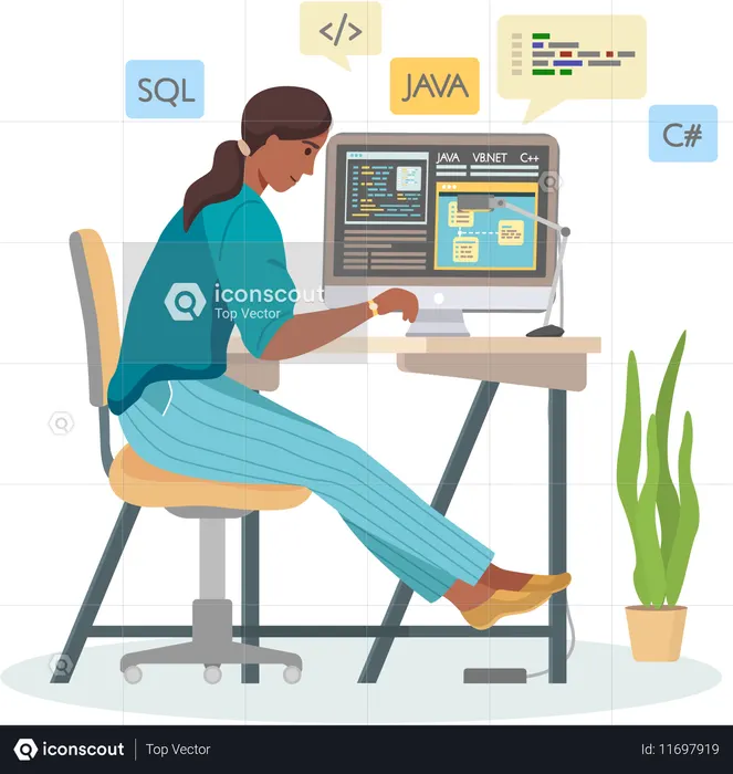 コンピューターでウェブ開発に携わる女性プログラマー  イラスト