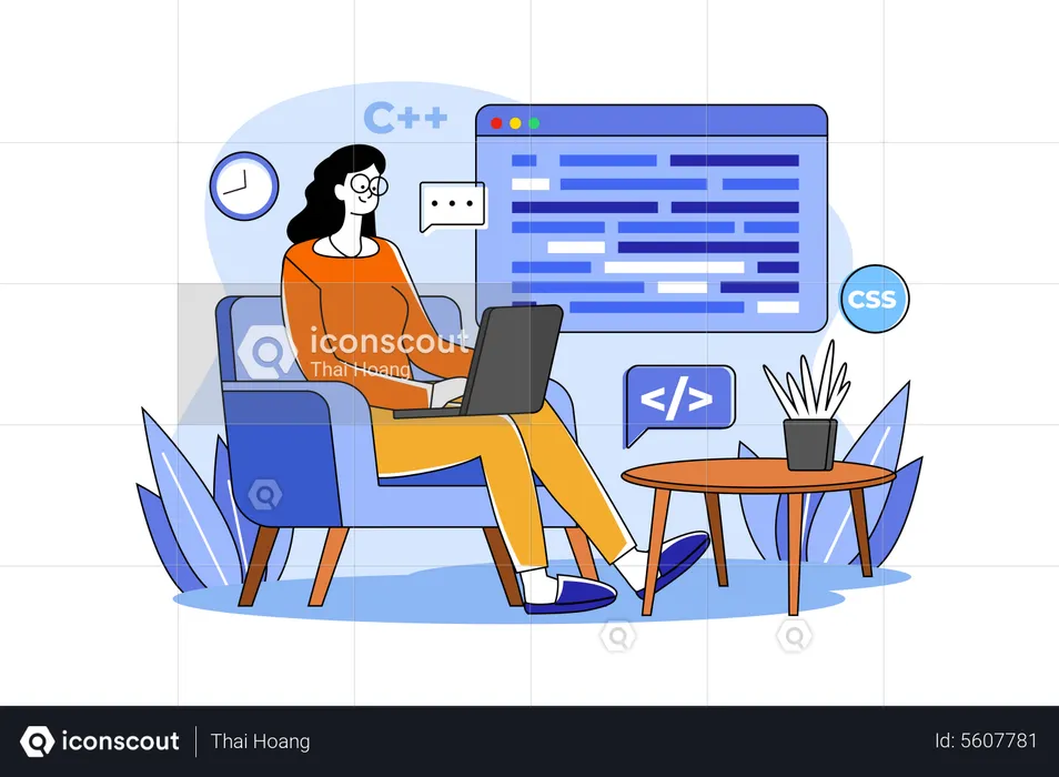 Woman Programming On A Laptop  Illustration