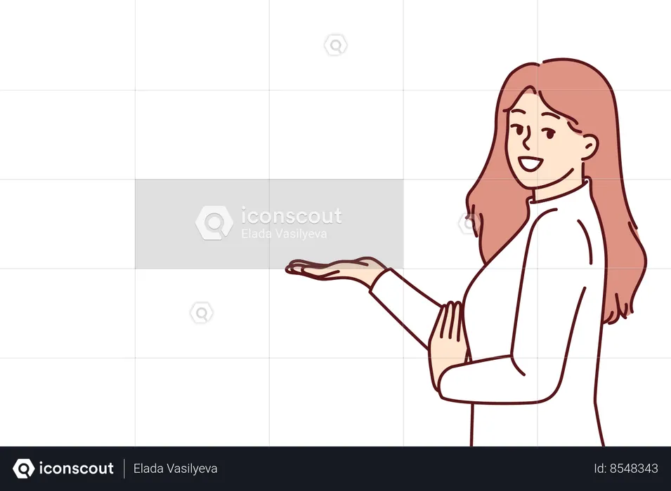 Woman promoter stretches out hand with raised palm to present new product  Illustration