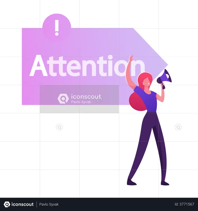 Woman Promoter Yelling to Megaphone front of  with Attention Typography  Illustration