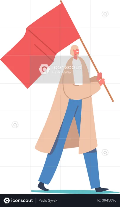 Woman protesting holding red flag  Illustration
