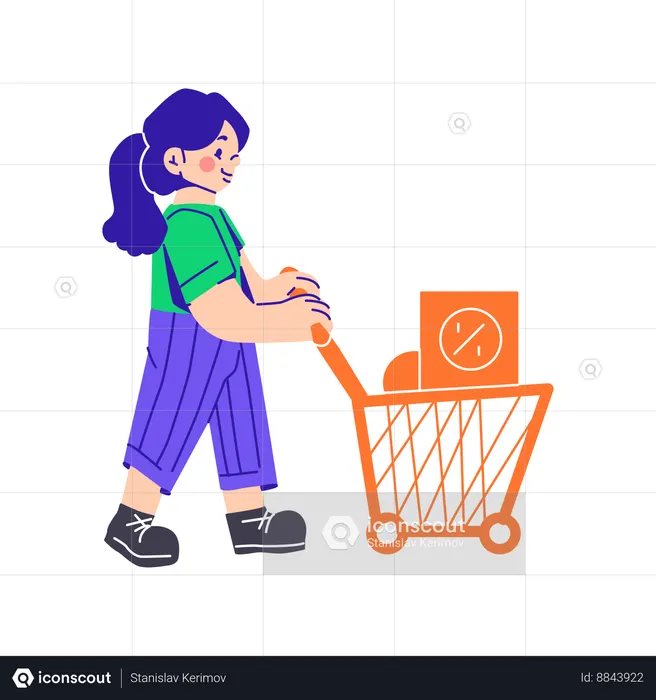 Woman Pulling A Grocery Cart  Illustration