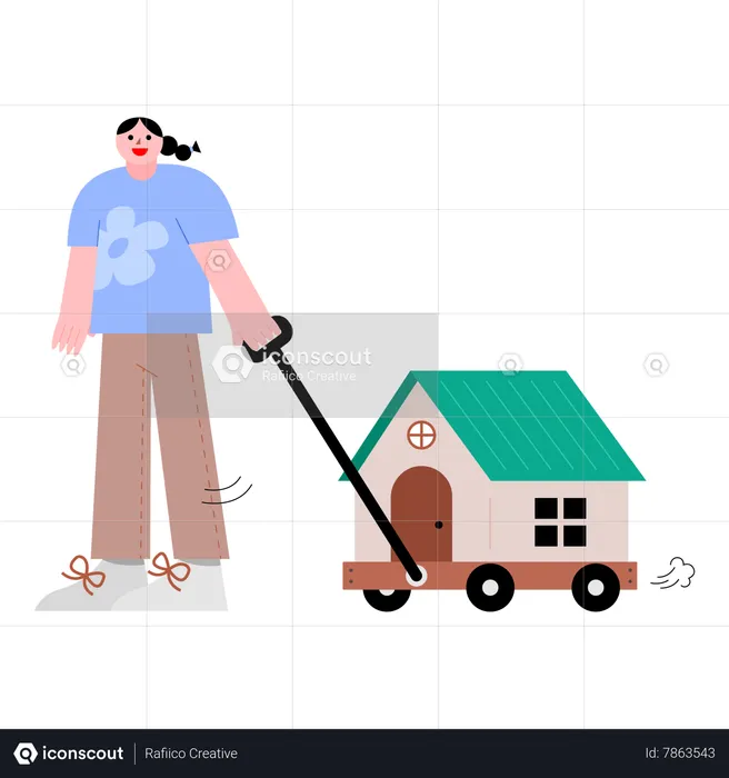 Woman pulling wagon with house  Illustration