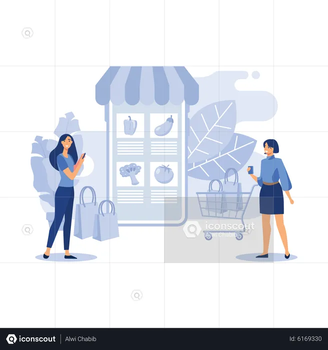 Woman purchase grocery via phone  Illustration