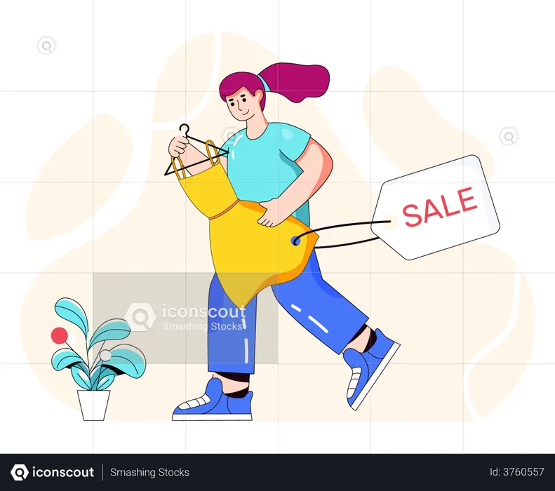 Woman purchasing dress on discount on discount  Illustration