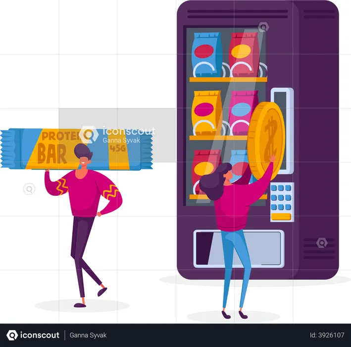 Woman purchasing protein bar from vending machine  Illustration