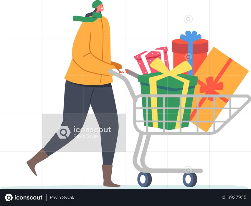 Woman Push Shopping Cart with Gift Boxes  Illustration