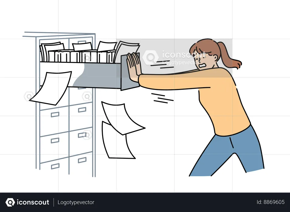Woman pushes file cabinet forcefully  Illustration
