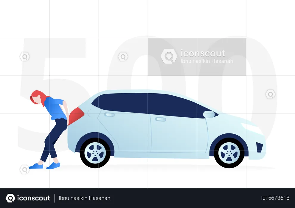 Woman pushing broken car  Illustration
