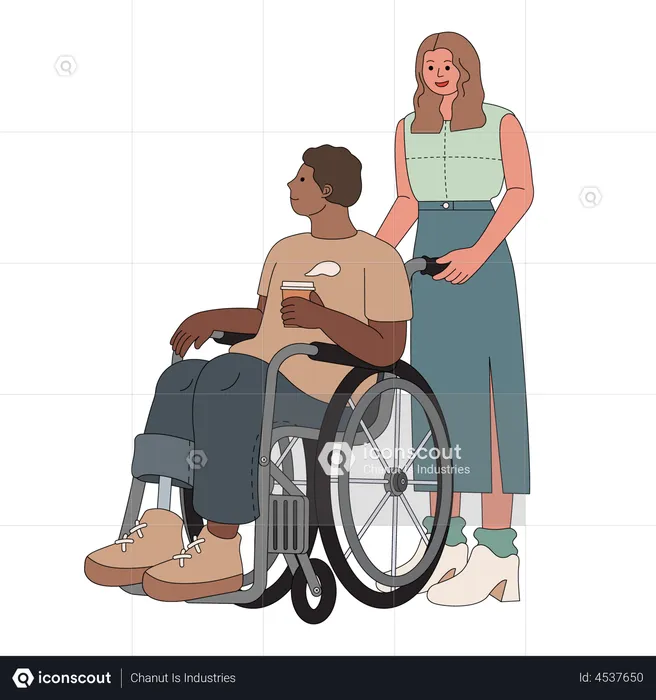 Woman pushing wheelchair  Illustration