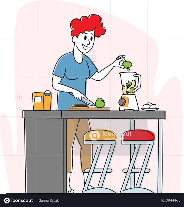 Woman Put Apple and Broccoli in Juicer Machine  Illustration