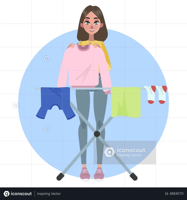 Woman put clothes to dry on rope  Illustration