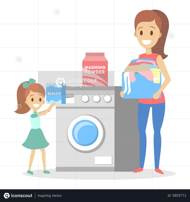 Woman put dirty clothes in a washing machine  Illustration