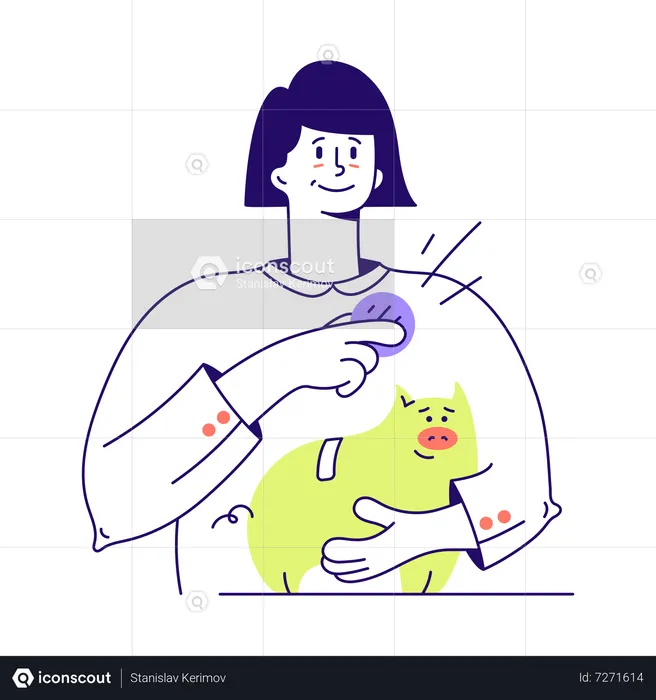 Woman puts a coin in  piggy bank  Illustration