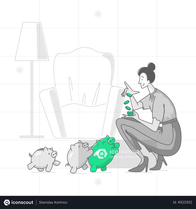Woman puts money in a piggy bank  Illustration