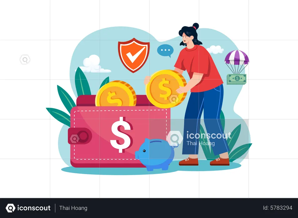 Woman puts money in her purse  Illustration