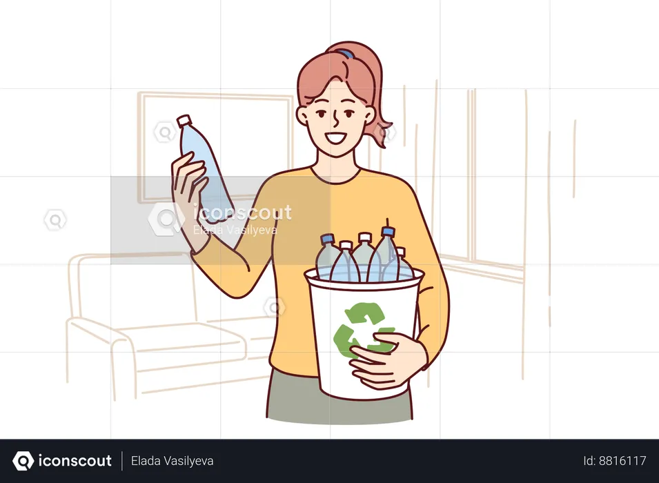 Woman puts plastic bottles in recycling bin  Illustration