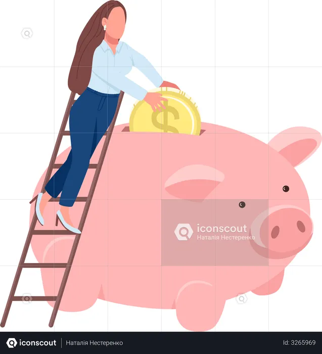Woman putting coin in piggy bank  Illustration