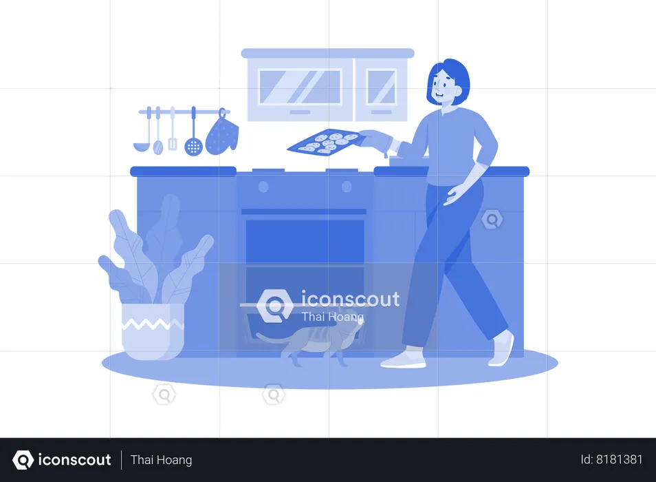 Woman putting cookie dough into microwave to bake it  Illustration