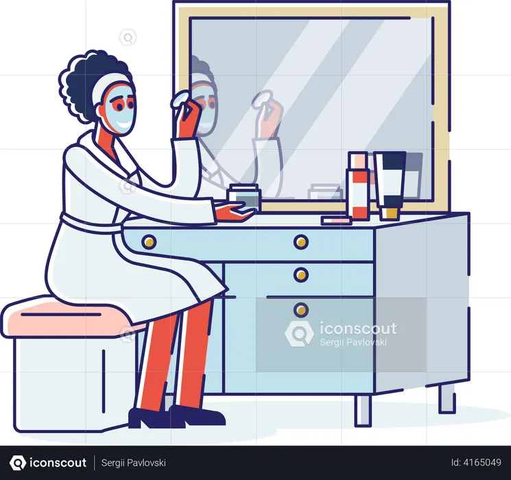 Woman putting cosmetic face mask sitting in front of mirror  Illustration