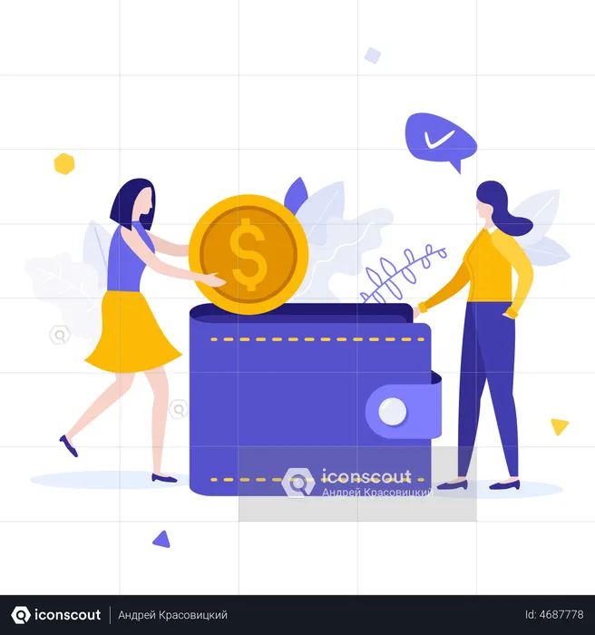 Woman Putting Dollar Coin In Wallet  Illustration