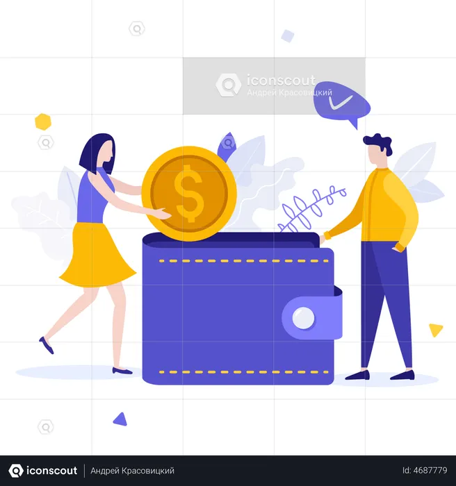 Woman Putting Dollar Coin In Wallet  Illustration